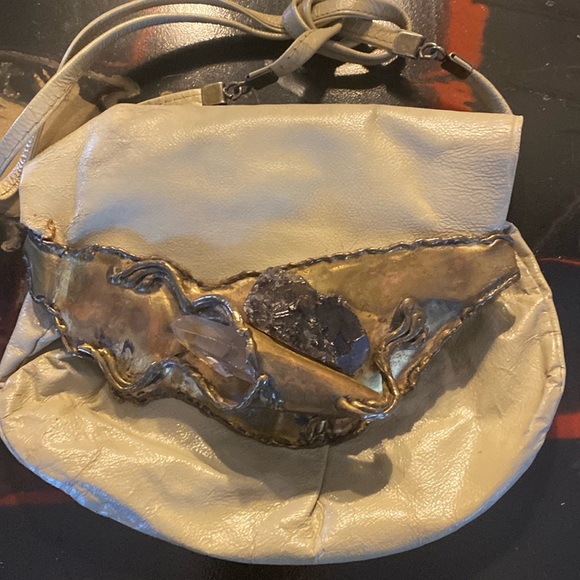 Vintage beige Leather Unique metal and Gem Stone Detail Purse - Picture 1 of 16